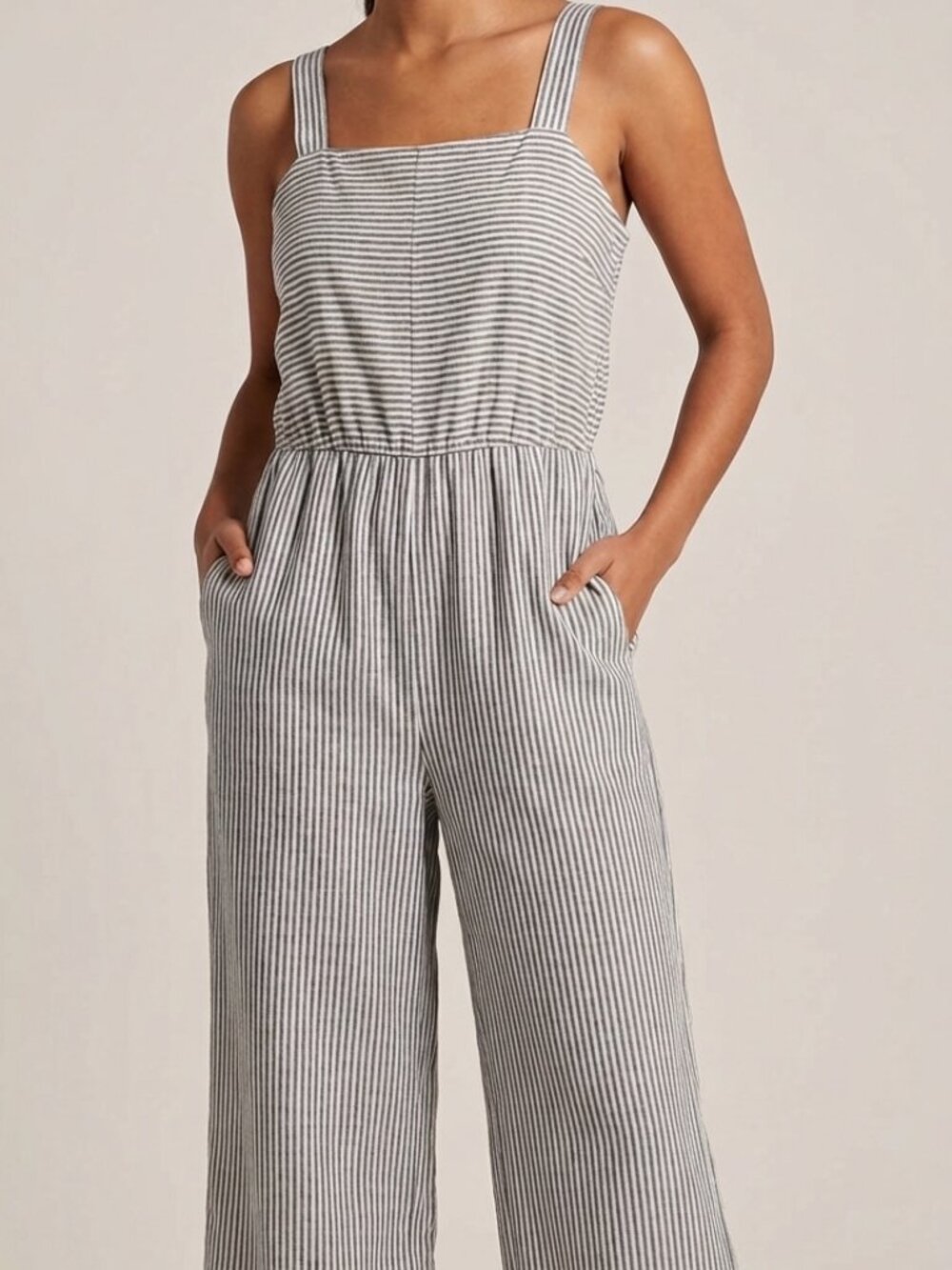 Stripe Gray White Cotton Blend Smocked Poplin Romper Jumpsuit Onesie M Nautical
